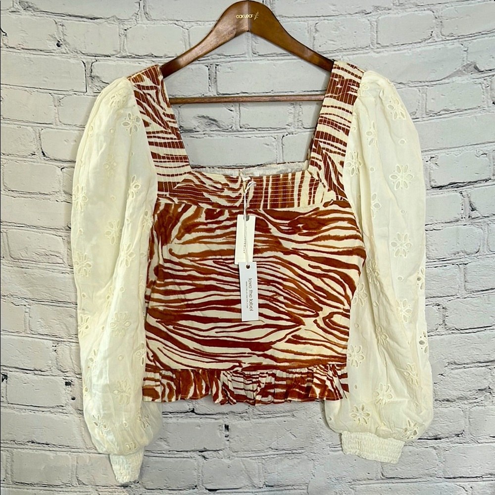 Anthropologie Brown & Cream Eyelet Long Sleeve Top Size Medium Brand New W/Tags